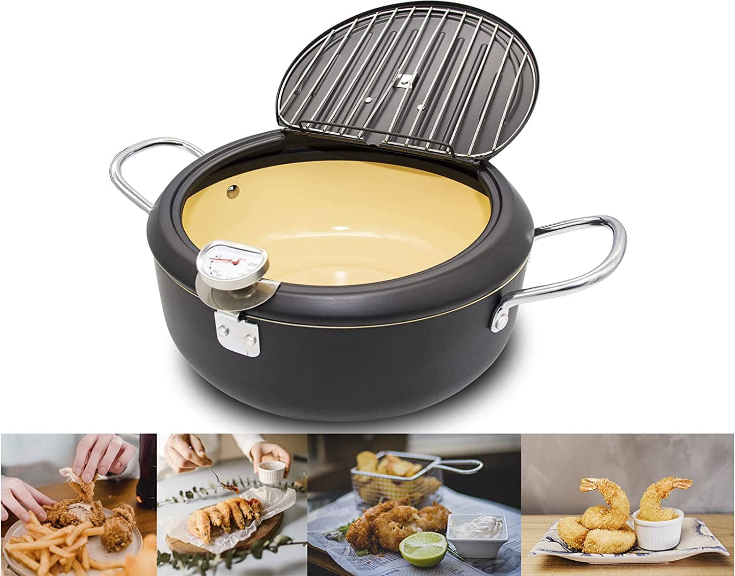 Deep Fryer Pot, Tempura Frying Pan, Stove Top, Stainless Steel, Flat  Bottom, w/Lid & Temperature Control Thermometer, Japanese Style Cookware,  Mini Frier